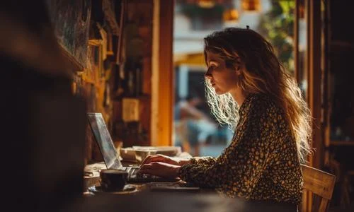 Woman working on her laptop in a cosy Hampshire caf&eacute;, representing the independent professionals supported by The Local Website Company.
