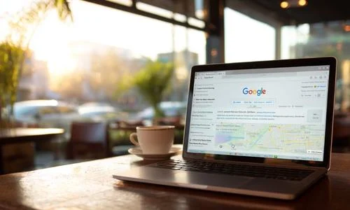 Laptop showing a Google search for local businesses in a Hampshire coffee shop, representing The Local Website Company&rsquo;s focus on local SEO and visibility.
