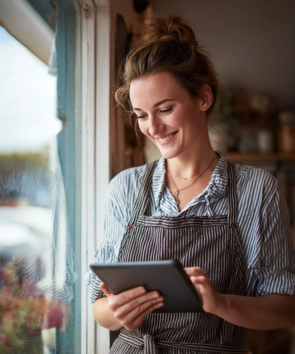Smiling small business owner using a tablet to view her new one-page website by The Local Website Company